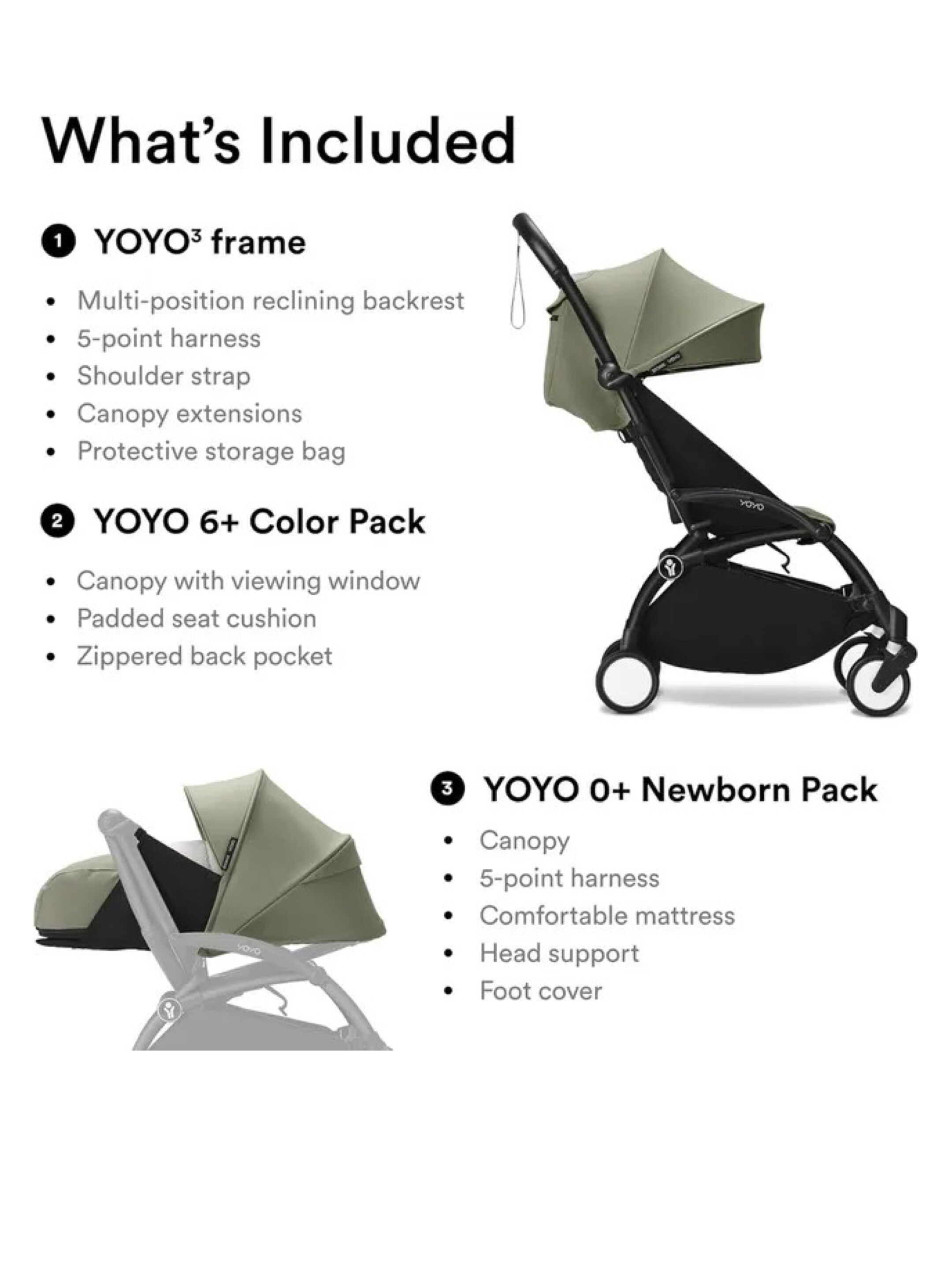 Stokke YOYO3 Full Stroller with Black Frame, 0+ Newborn and 6+ Color Pack - Olive (3 pieces) image number 2