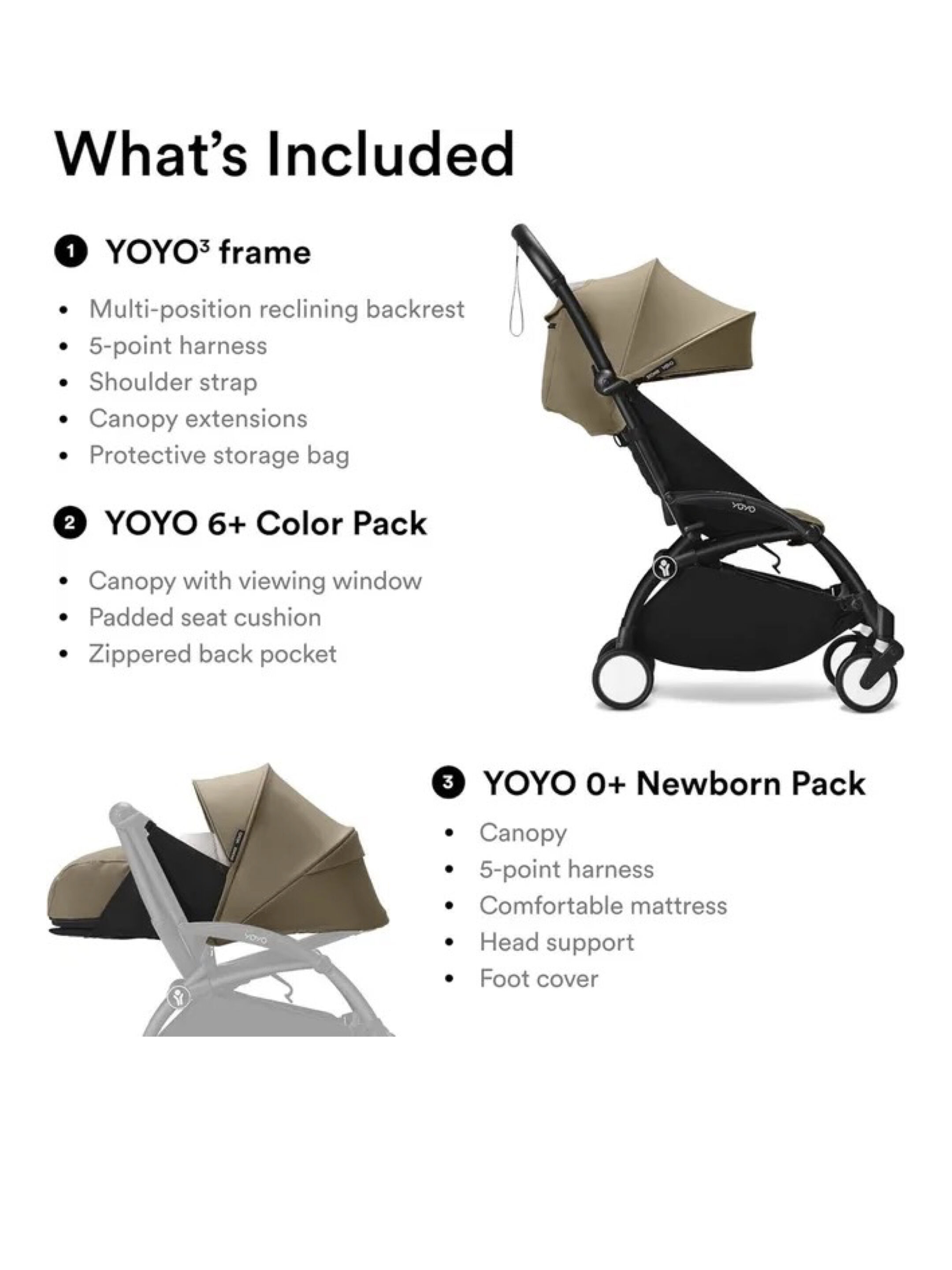 Stokke YOYO3 Full Stroller with Black Frame, 0+ Newborn and 6+ Color Pack - Toffee (3 pieces) image number 2