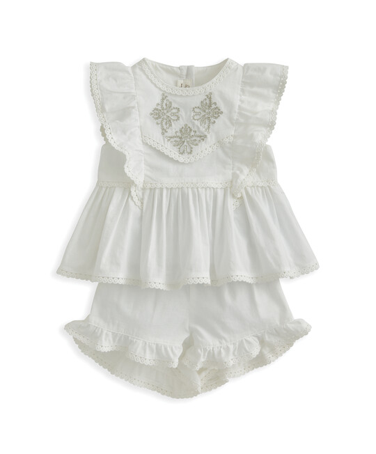 طقم بلوزة وشورت بكشكش وتطريزات - قطعتان طقم بلوزة وشورت بكشكش وتطريزات - قطعتان image number 2