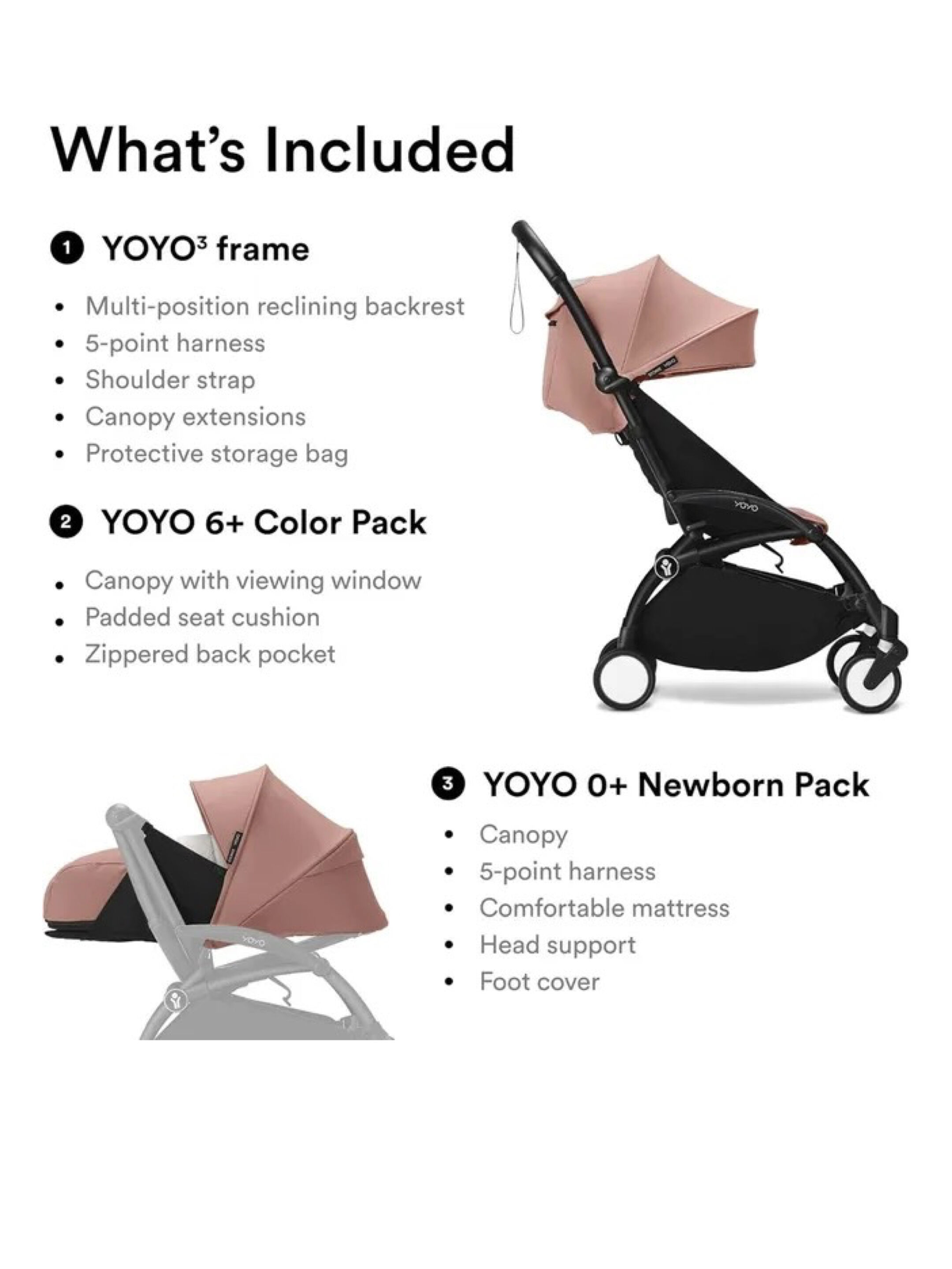 Stokke YOYO3 Full Stroller with Black Frame, 0+ Newborn and 6+ Color Pack - Ginger (3 pieces) image number 2