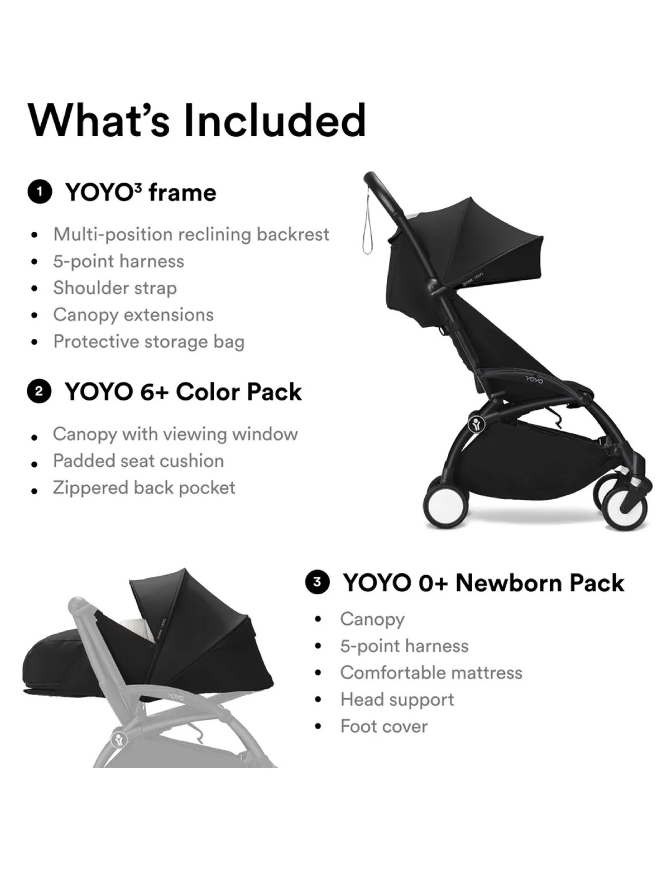 Stokke YOYO3 Full Stroller with Black Frame, 0+ Newborn and 6+ Color Pack - Black (3 pieces) image number 2
