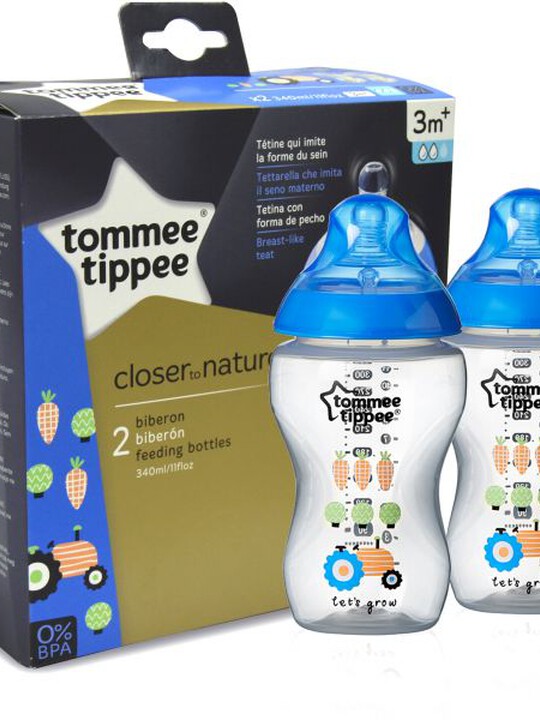 زجاجات رضاعة Closer to Nature المزينة من Tommee Tippee خالية من مادة BPA - عبوة من زجاجتين بسعة 340 مل - Easi-Vent - لون أزرق image number 1