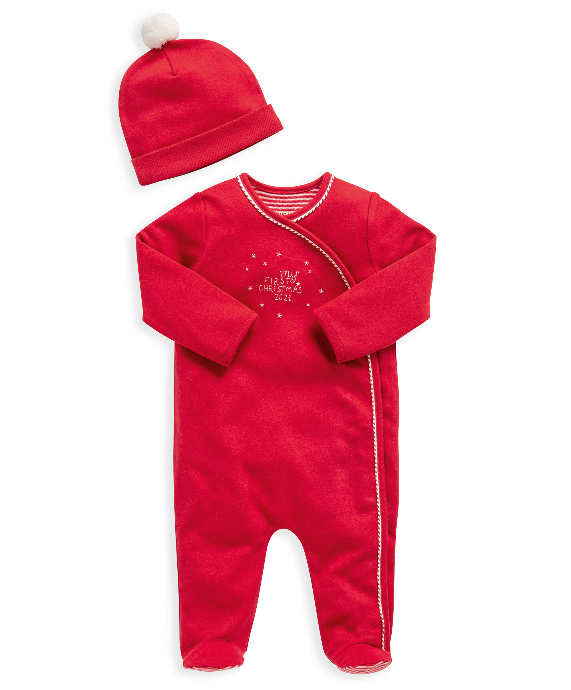 طقم لباس الكل في واحد بعبارة My First Christmas وقبعة - أحمر image number 1