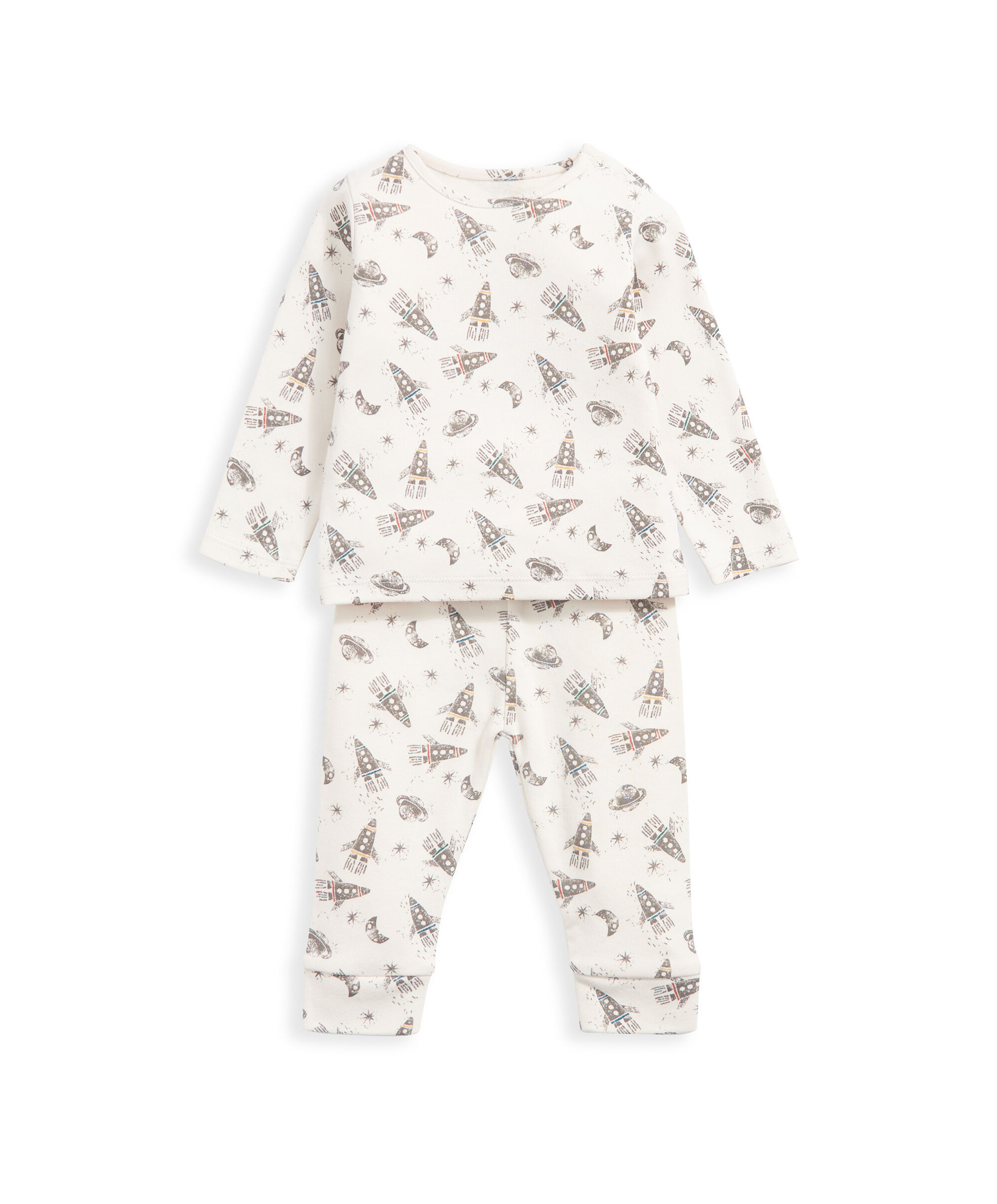 طقم بيجاما جيرسيه بطبعة كواكب وصواريخ بلون أزرق - قطعتان image number 4