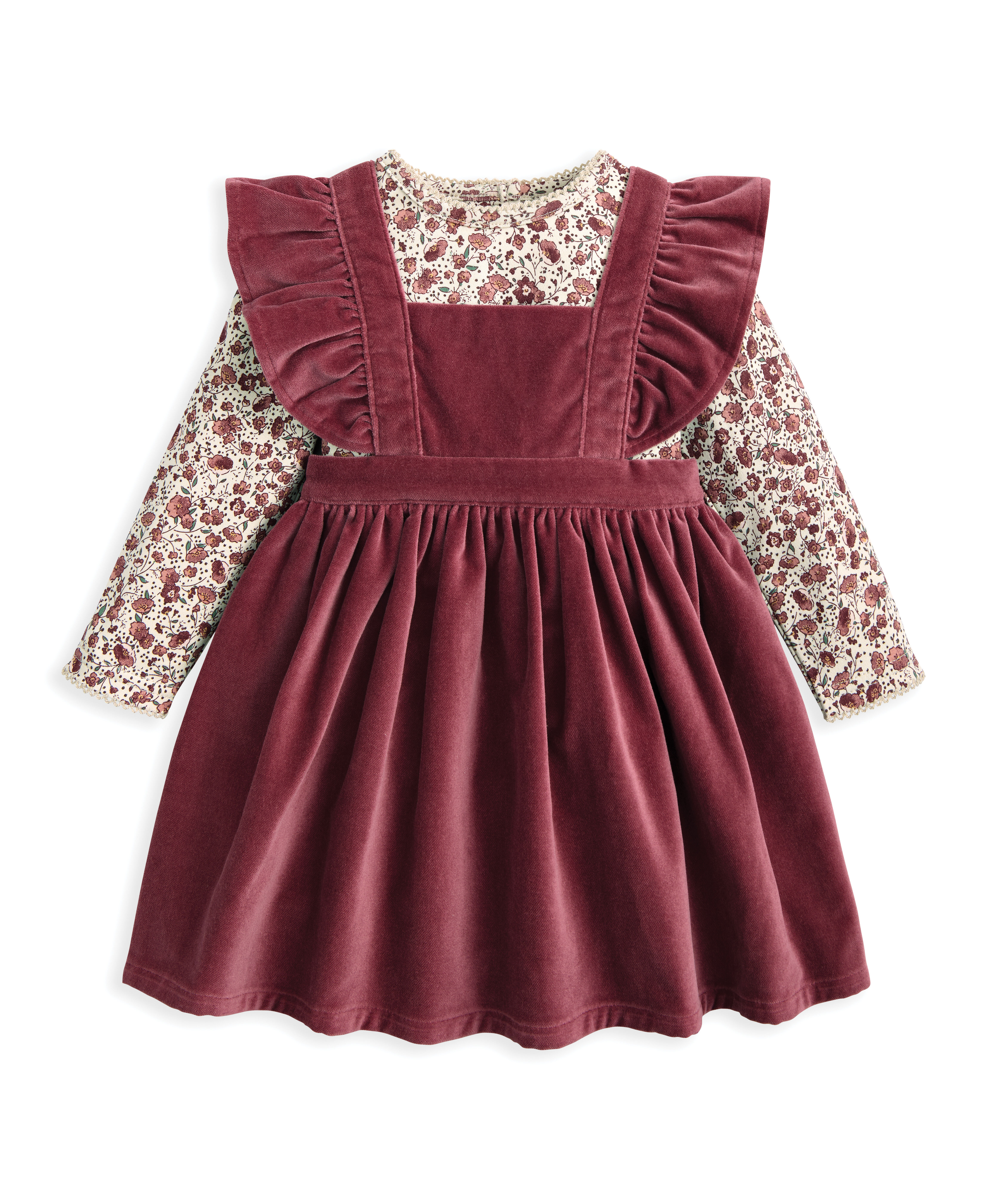 طقم فستان مخمل وبودي سوت بنقشة زهور، 2 قطع image number 2