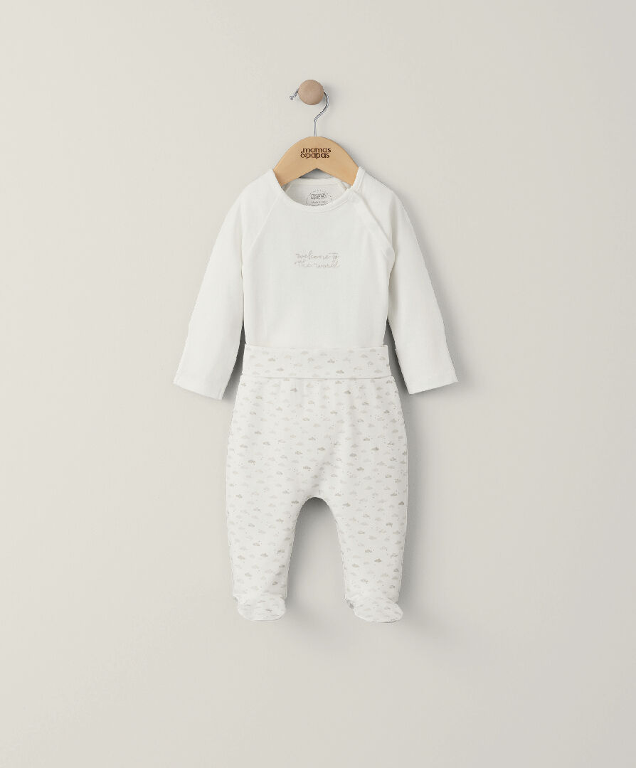 طقم لباس قطعة واحدة بتطريز ويلكم تو ذا وورلد ولغينغز بنقشة سحب - قطعتان